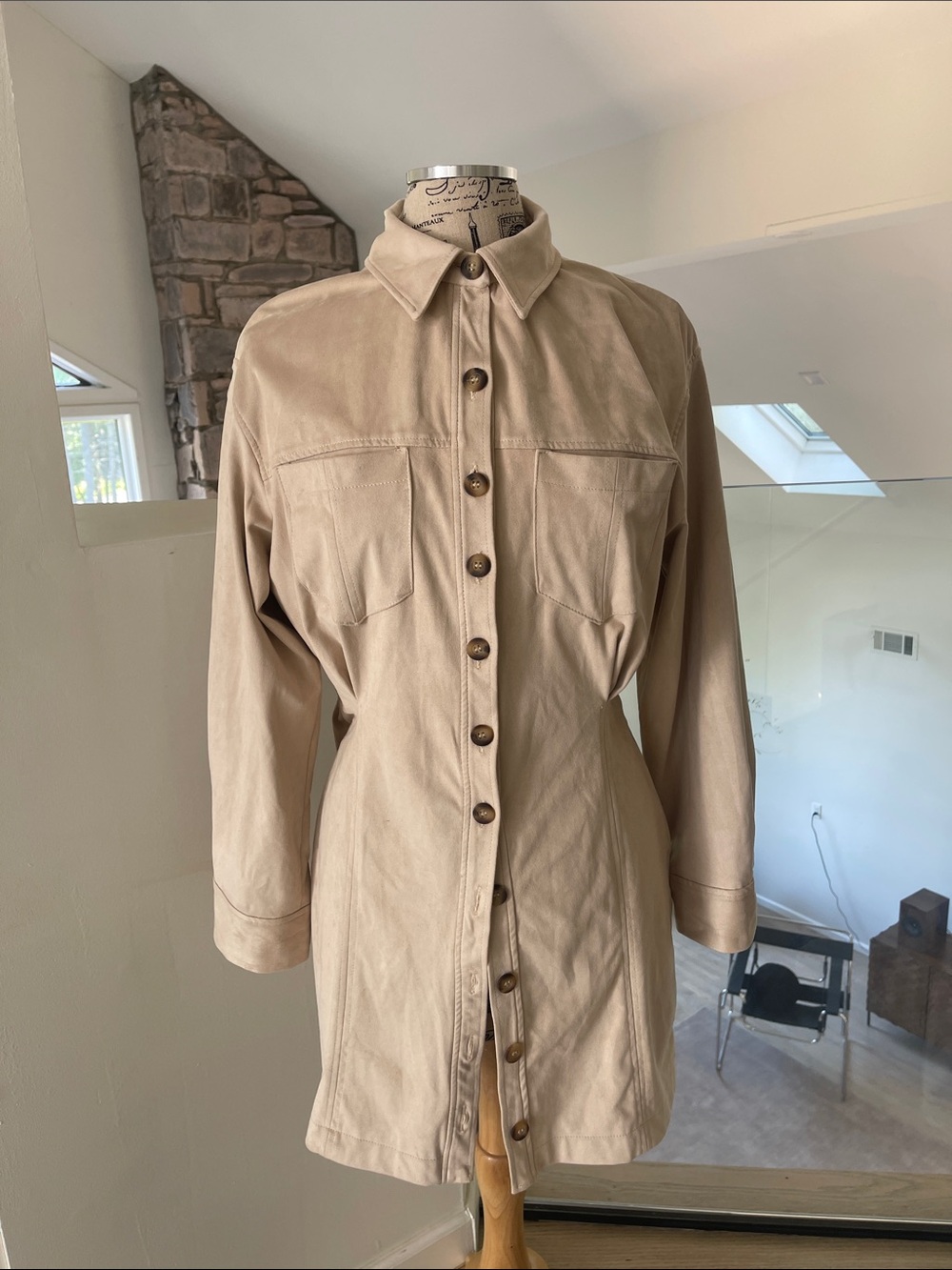 Zara Beige Button-Front faux suede  Shirt Dress